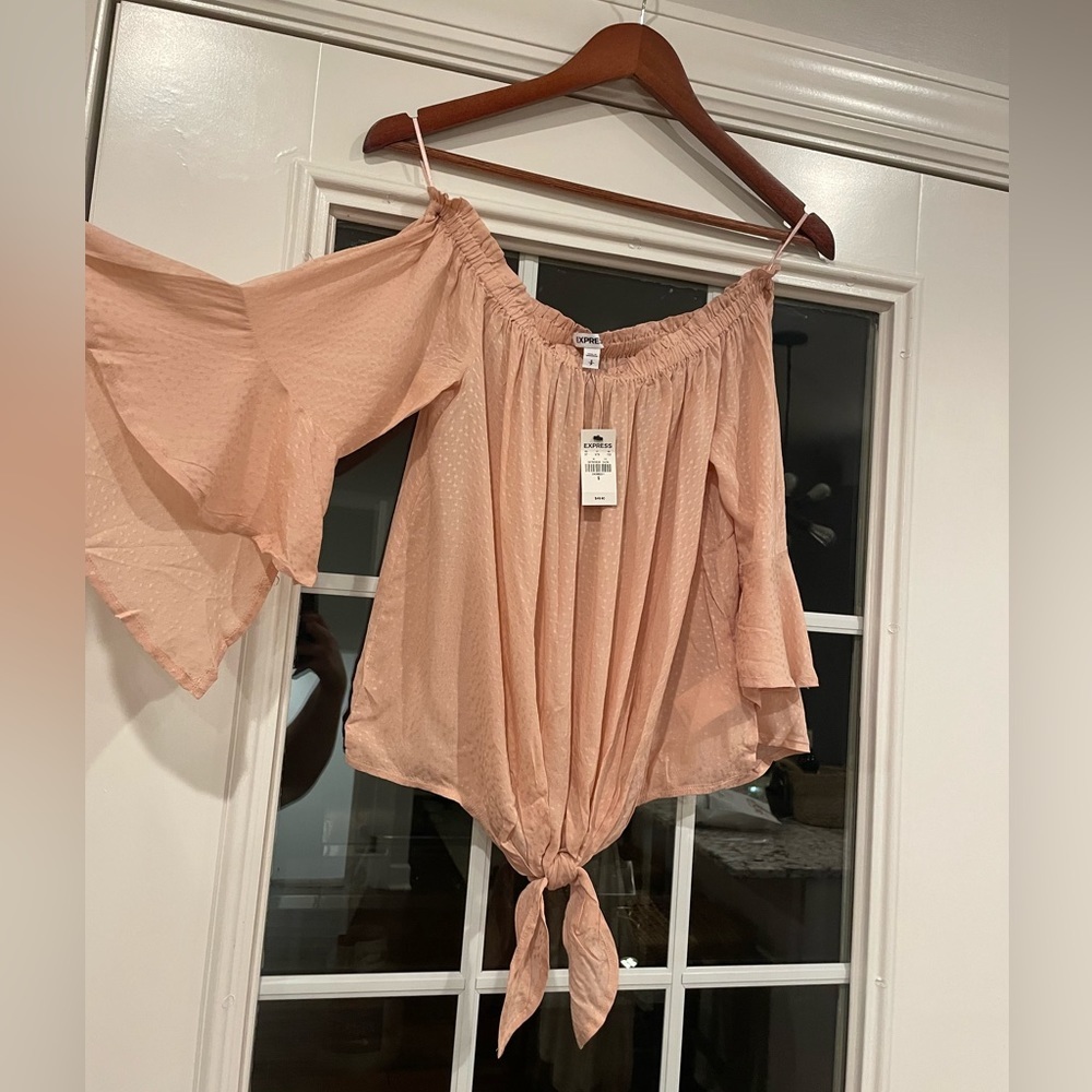 Express Blush Off the Shoulder Tie Shirt - Picture 3 of 6